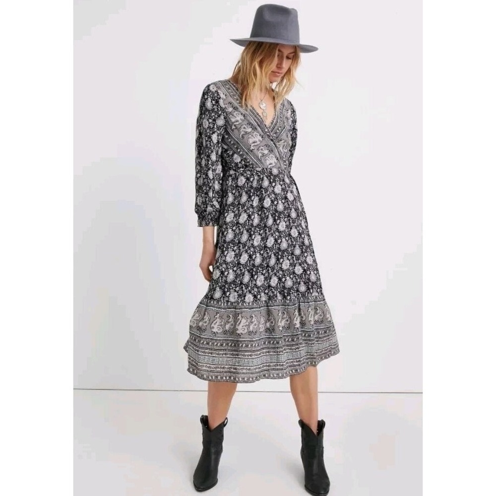 Lucky Brand Boho Black White Floral Paisley Wrap Midi Dress Long Sleeve Size M
